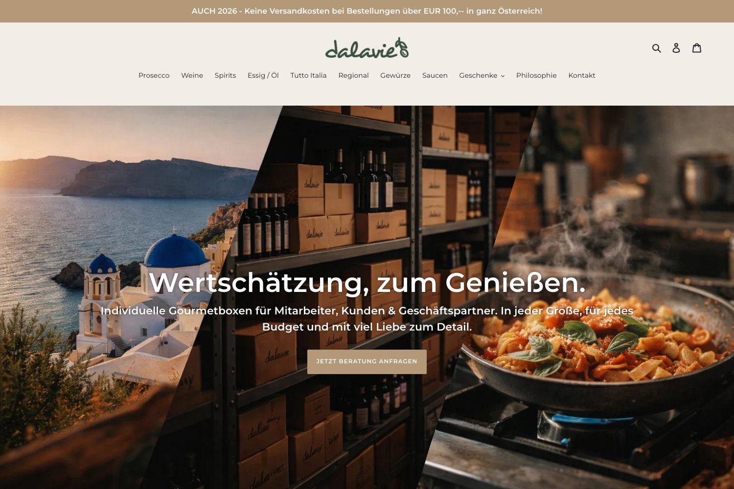 Startseite von dalavie.at: Logo, Navigation und Hero „Wertschätzung, zum Genießen“ über einer Collage aus Küste, Regal und Pfanne